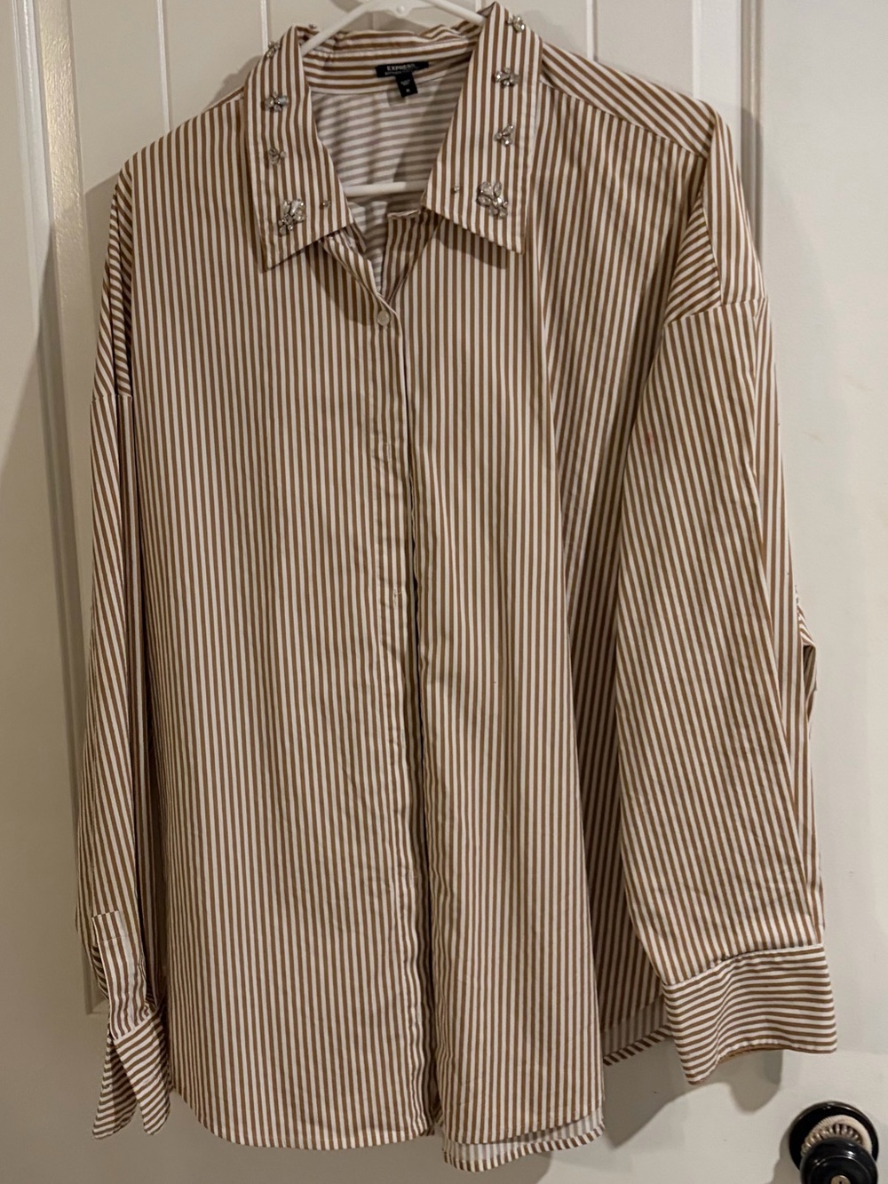 Express Women's Beige and White Striped Button-Up Blouse with Crystals on collar